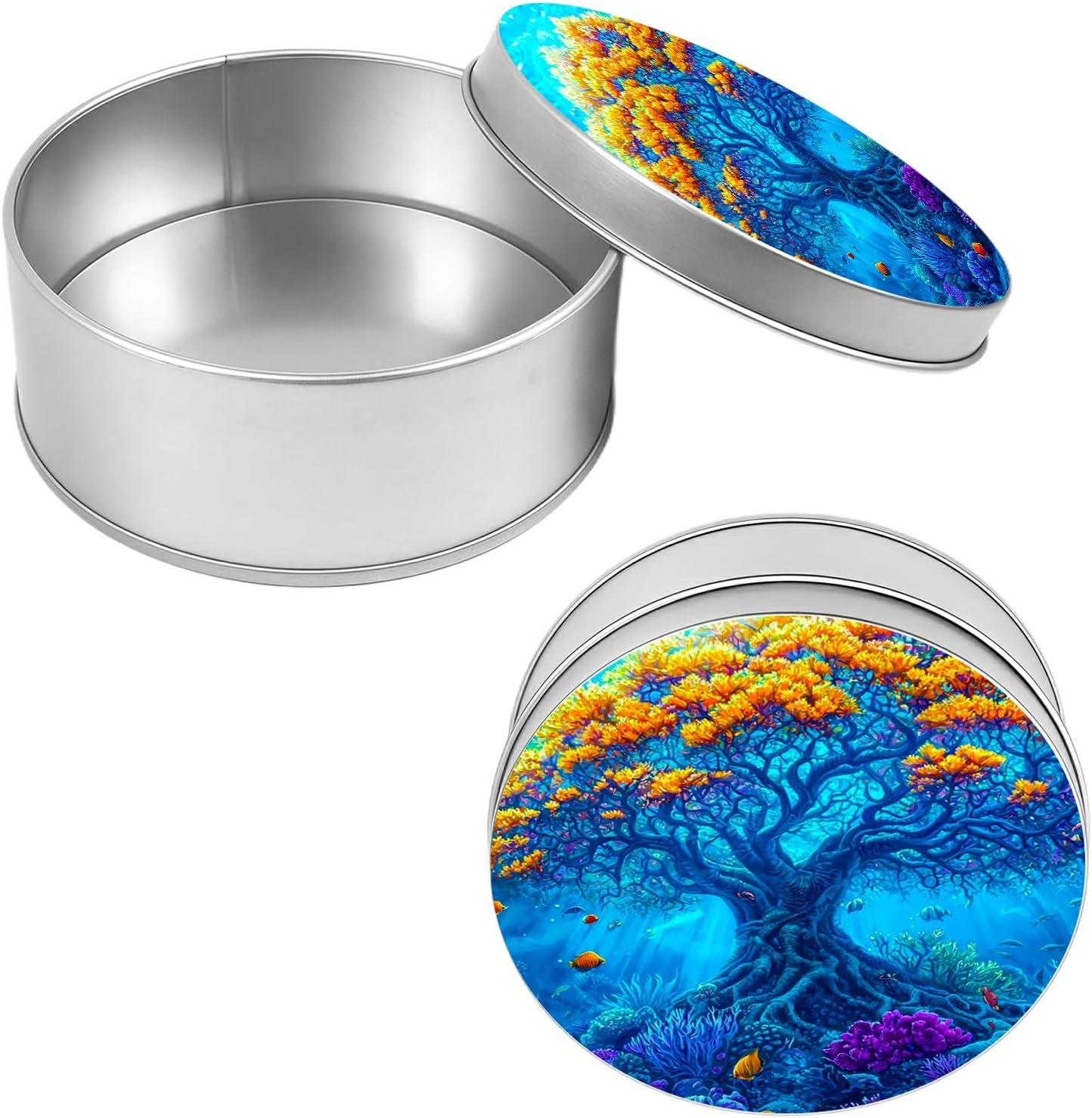 Round Metal Tin Box with Lid 3.54 x 1.18 Inches, Mini Storage Container for Crafts Jewelry Car Keys Cookies Ideal for Nurse, Teacher, Gift Giving Holiday Party Favor, Underwater Tree