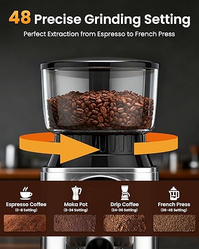 Miniatura 2 de Molinillo de café con rebabas cónicas eléctricas, con 48 ajustes precisos, molinillos de café antiestáticos para uso doméstico, molinillo de fresas
