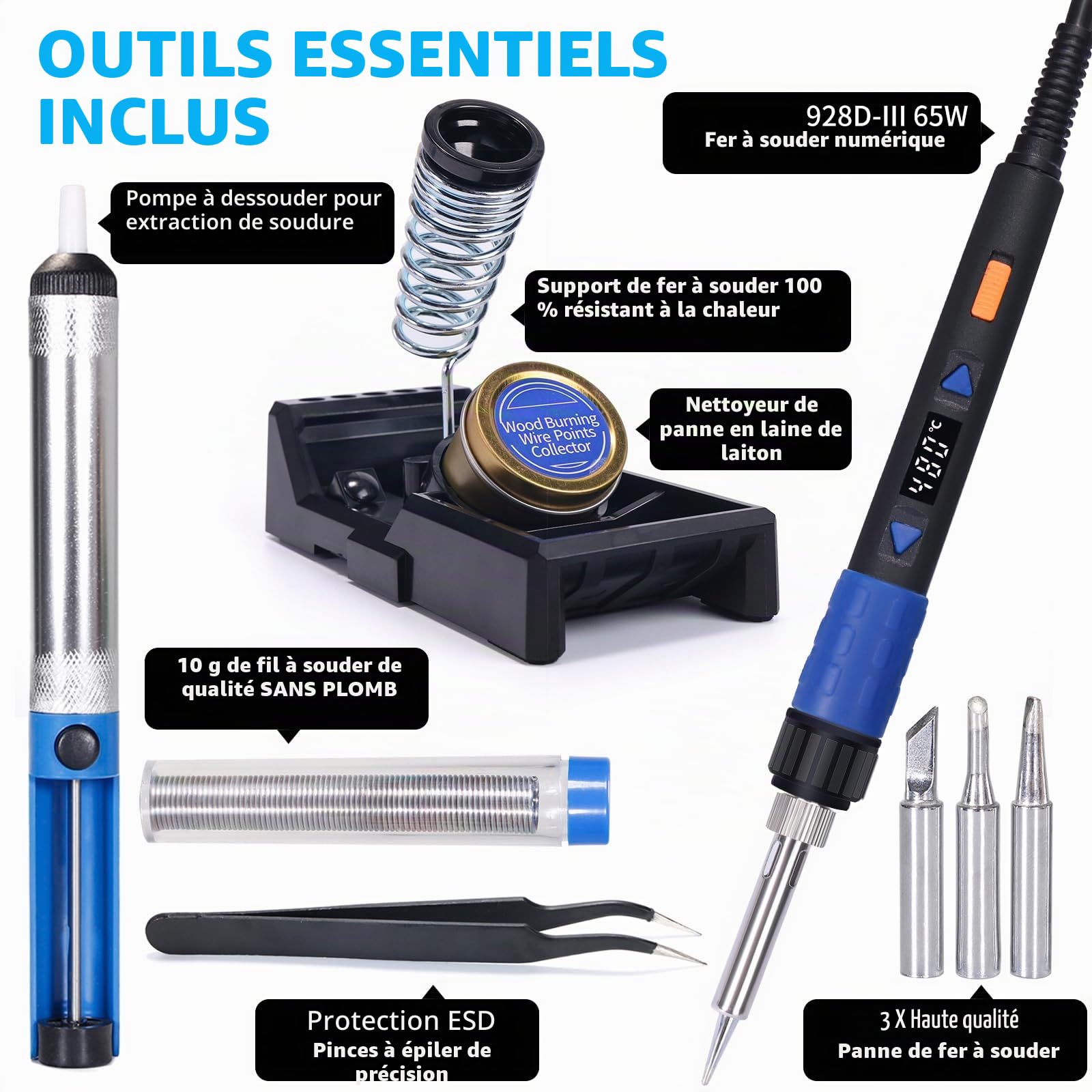 YIHUA 928D-III Fer à souder set avec fonction de stabilisation de la température et affichage LED 3 Pannes à Souder 15g 1.0mm de soudure pompe à dessouder pour le soudage et le dessoudage(EU PLUG)