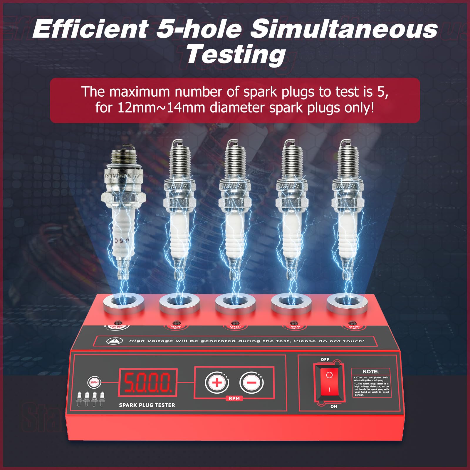 220V Comprobador de Bujías Coche - MOTOCOCHE Comprobador Bujías Cinco Orificios con Pantalla LCD para 12V Vehículos Gasolina, Frecuencia Ajustable 0-9000rpm, Herramienta Diagnóstico Bujías 12~14mm
