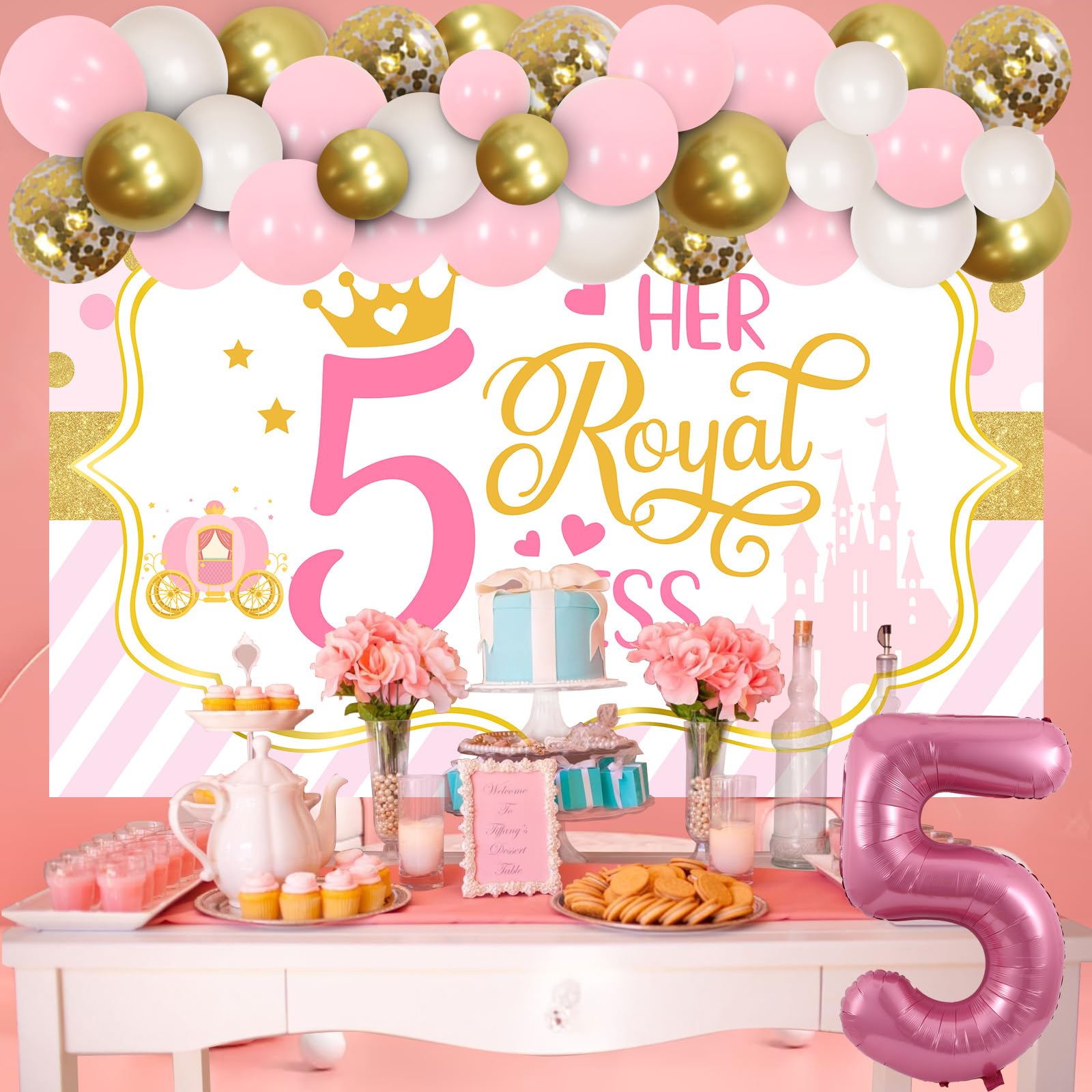 Tecreo Pink Glitter 5th Birthday Crown & Dots Banner - 35x70 Inch Fabric Wall Decoration For Girls Party - View #3
