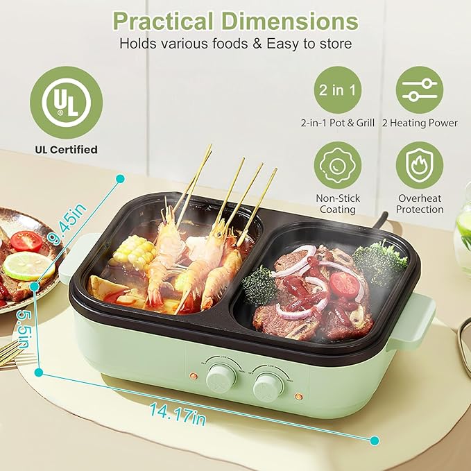 TeqHome Olla Eléctrica 1300W con Grill 2 en 1, Antiadherente, Verde miniatura 7