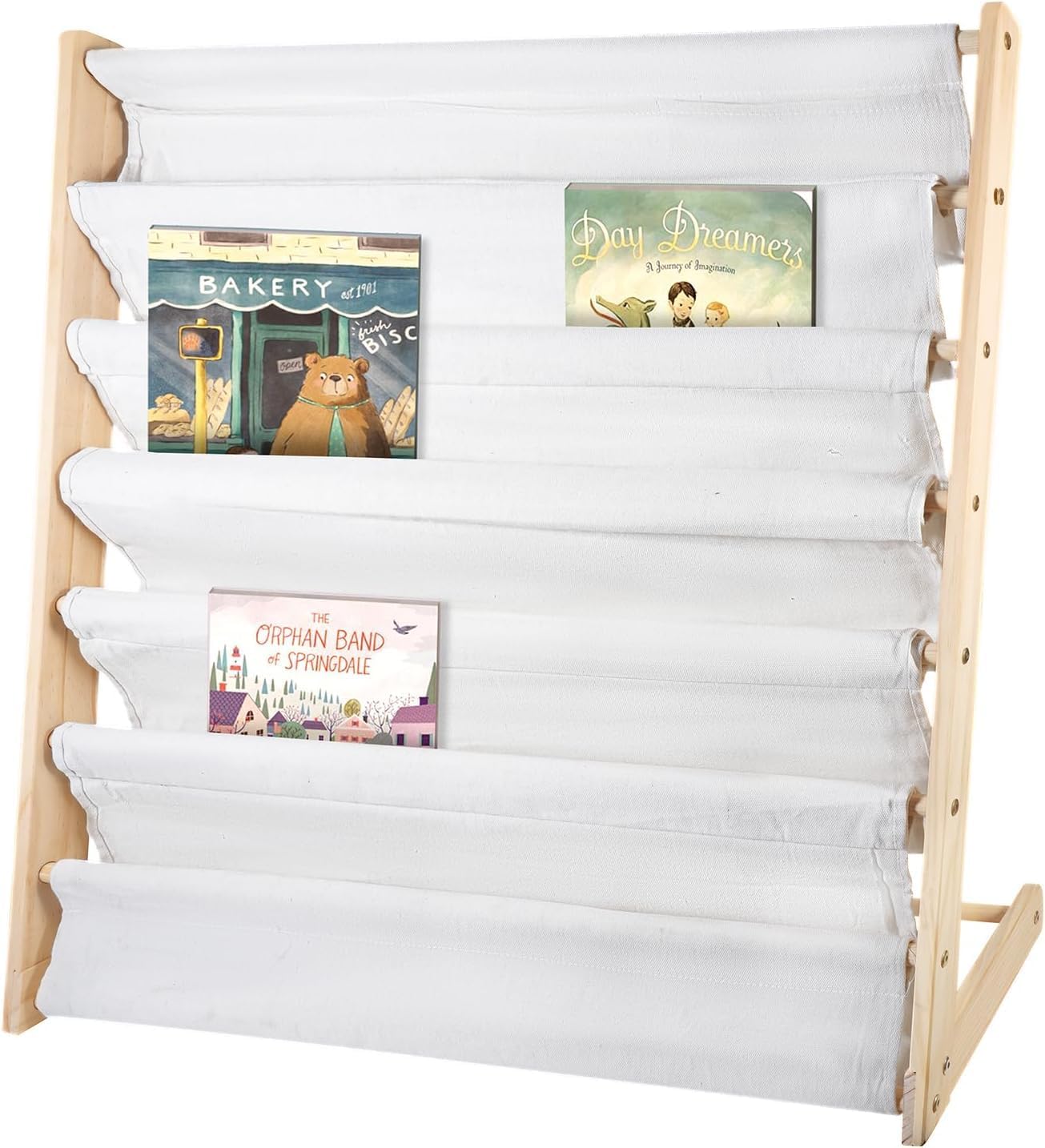 Kinder Bücherregal mit 6 Stofffächern｜Kinderbücherregal aus Massivholz｜Abgerundete Ecken & platzsparend｜Für Kinderzimmer Kindergarten Spielzimmer