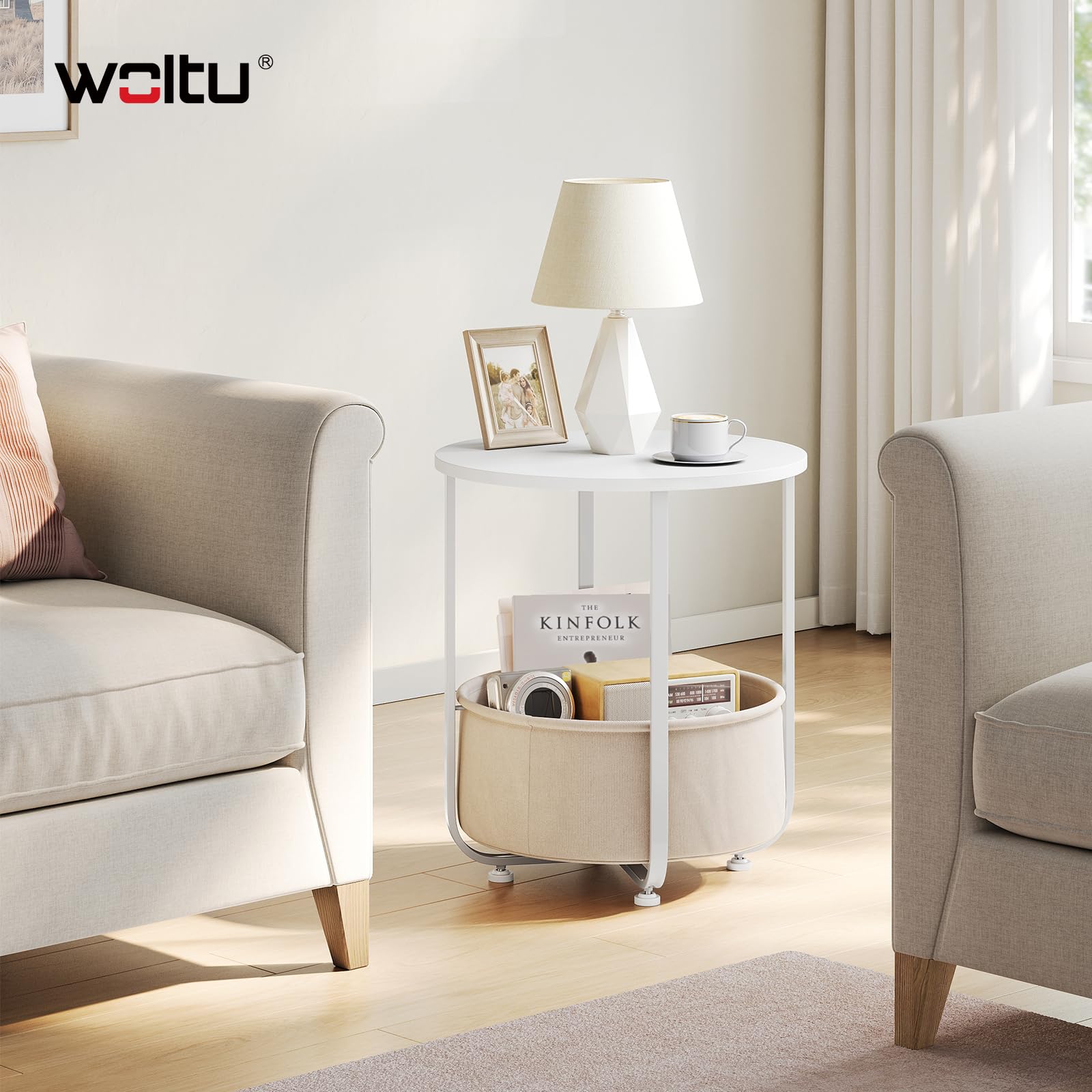 WOLTU Mesita de Cafe Redonda, Mesa Pequeña Auxiliar con Cesta de Lona de Almacenamiento, Estructura de Metal, Mueble Multiuso para Salon, Balcon, Dormitorio, Blanco + Beige