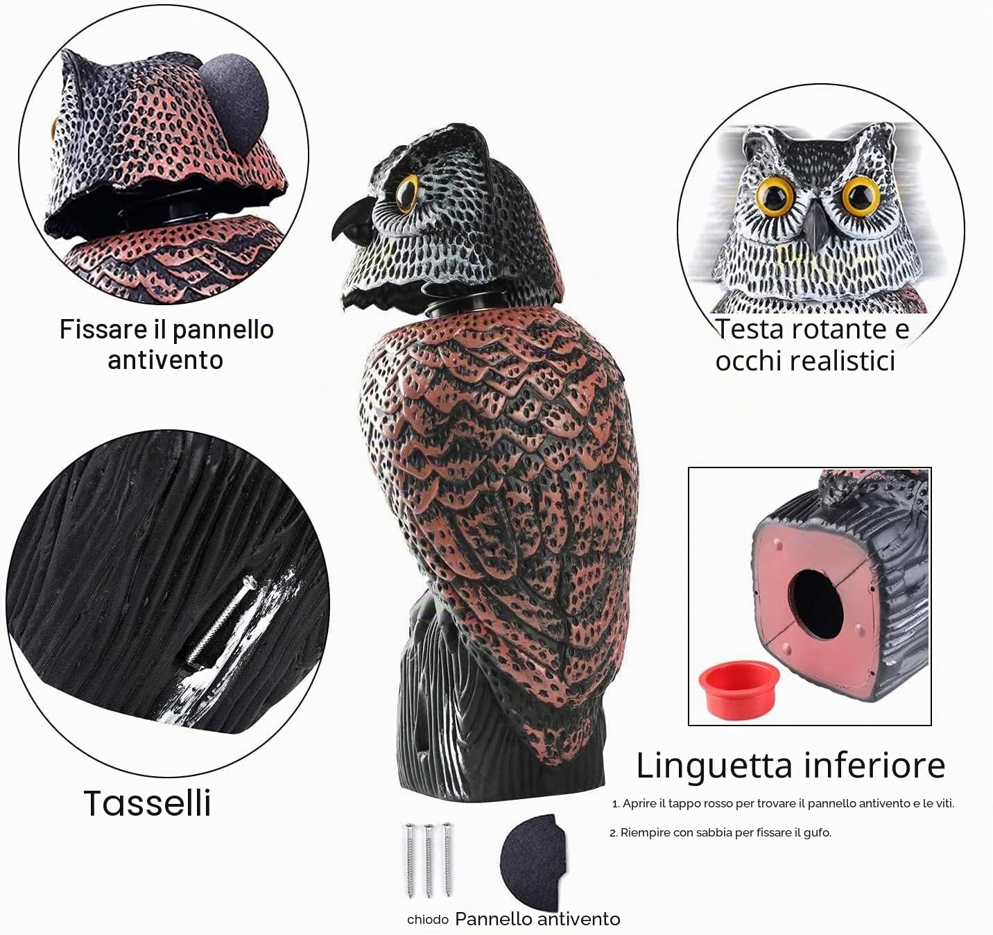 zalati Testa rotante a forma di gufo finto con suono alimentato da batteria (non inclusa) per spaventapasseri e parassiti da giardino