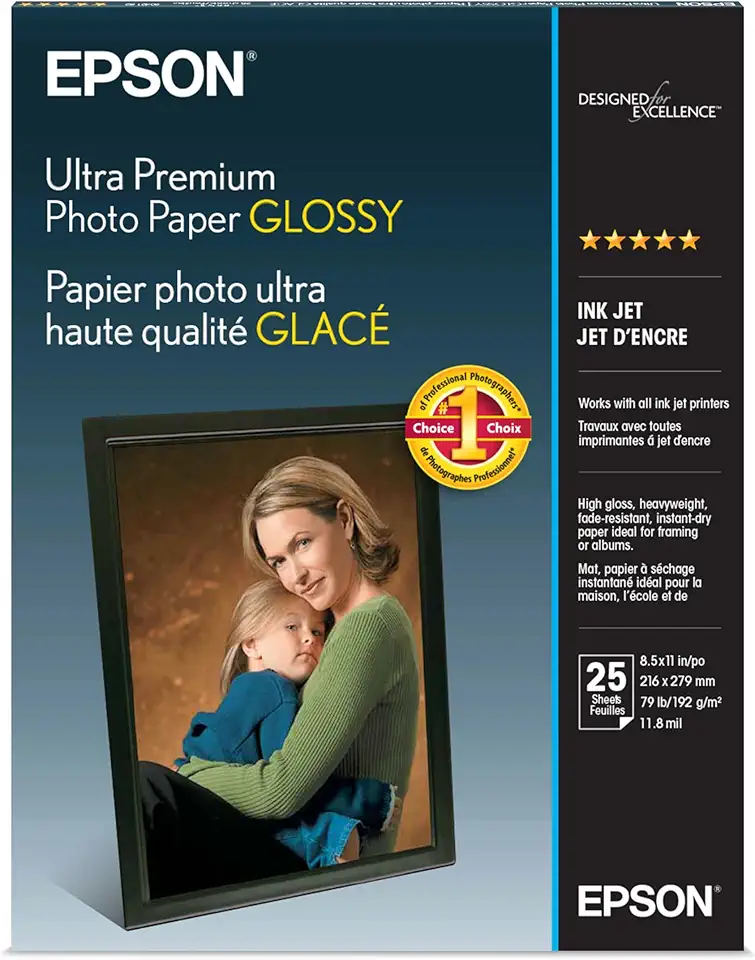 Epson Papel fotográfico brilhante Ultra Premium, letra, 21 x 28 cm, 25 folhas (S042182), branco