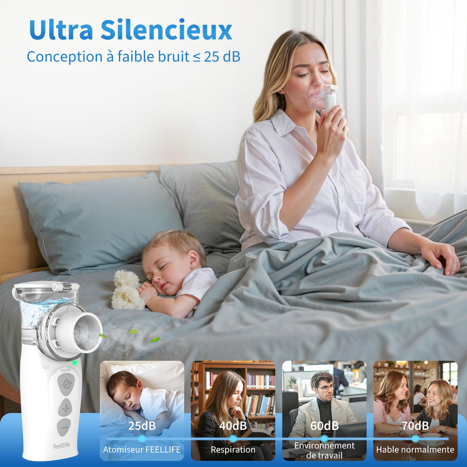 FEELLIFE Inhalateur pour Enfant et Adulte, Rechargeable Nebulisateur Silencieux Taux d'Atomisation Réglable, Inhalateur Portable pour Traitement de la toux, de l'Asthme et Maladies Respiratoires