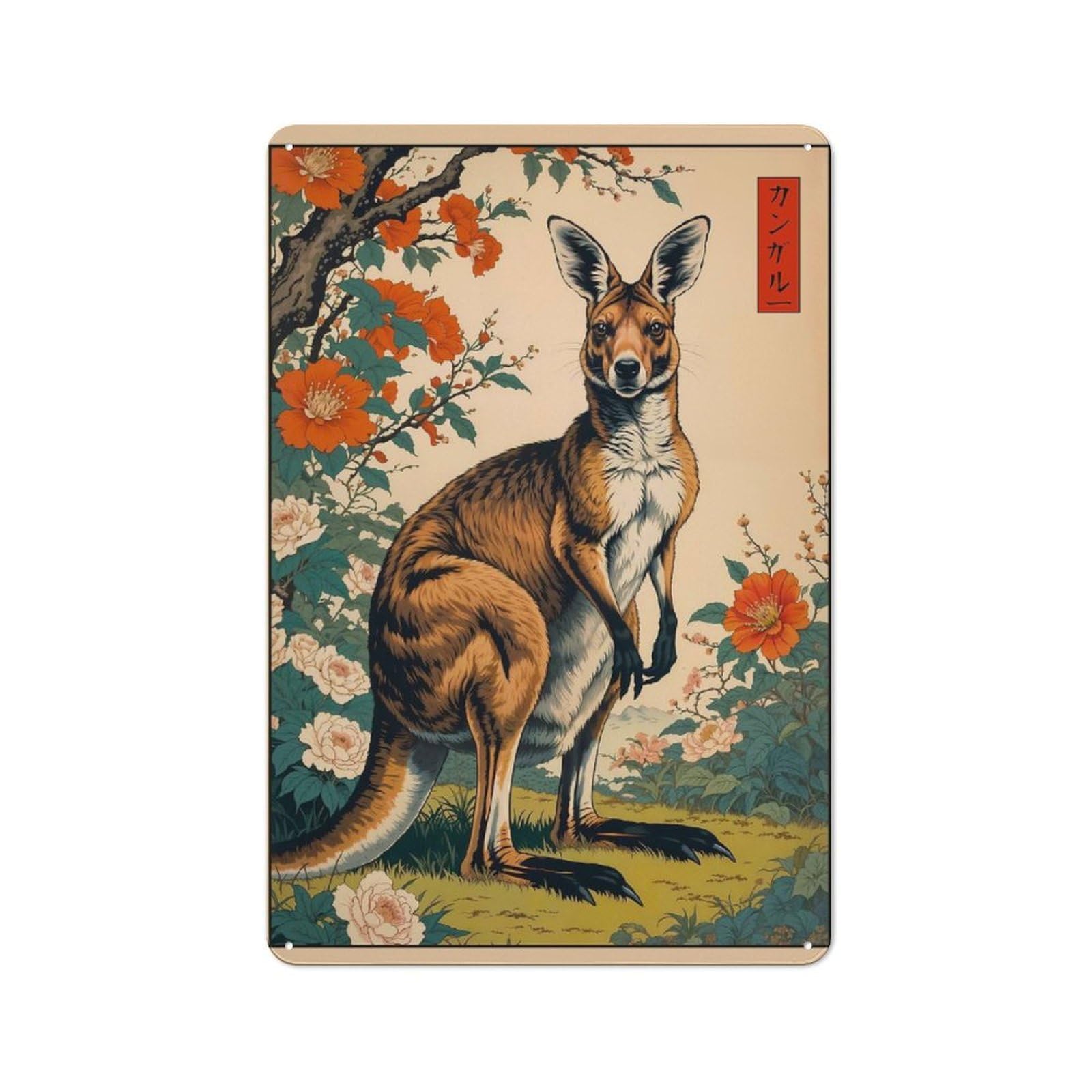 Vintage Tin Sign 30x20cm with Kangaroo Japanese Art for Guest Room Or Hallway, for Collectors Decorating Guest Rooms And Hallways