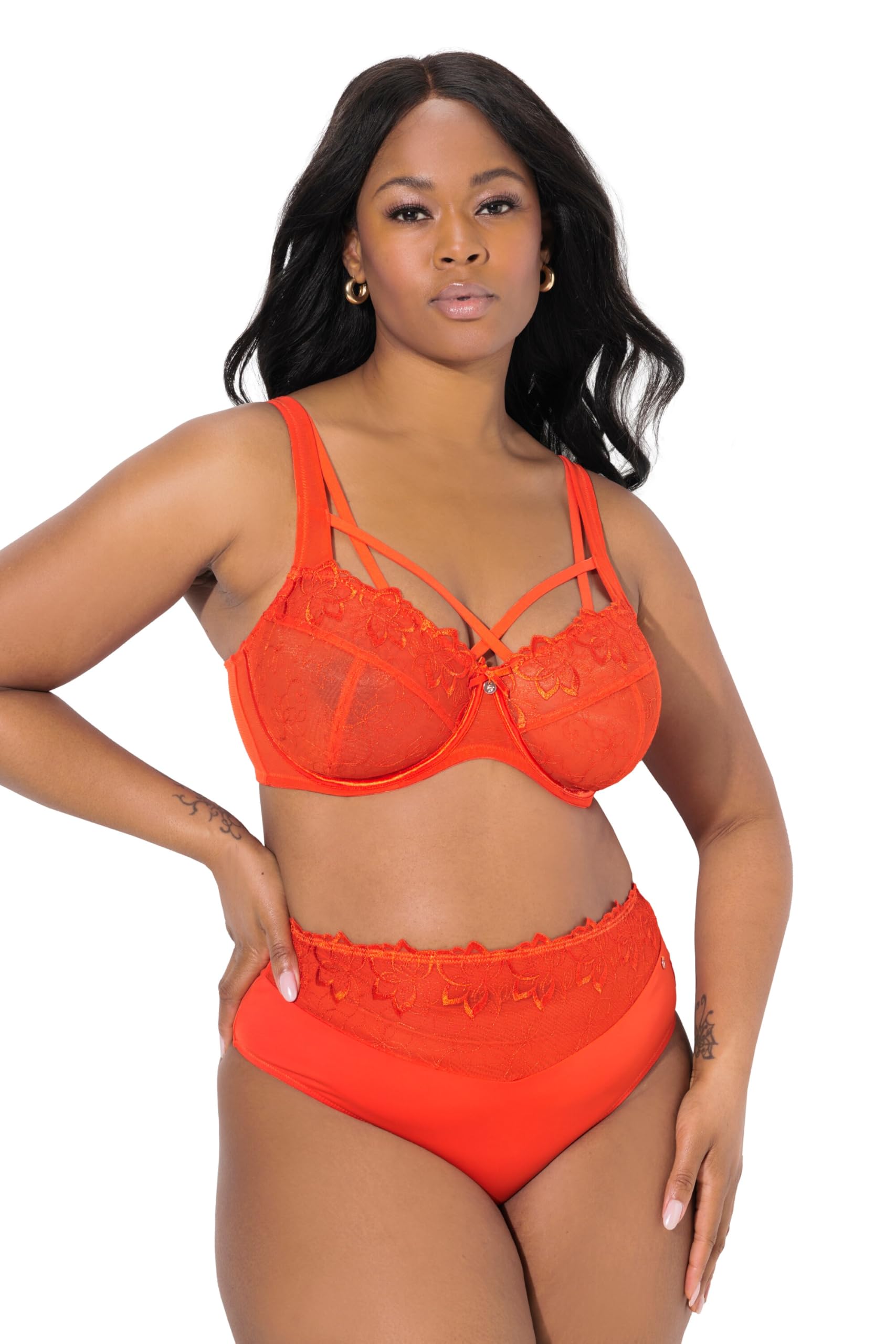 Ulla Popken Women's Truyou Underwired Bra Transparent Lace Cup C-F Bra, Orange red, 50D