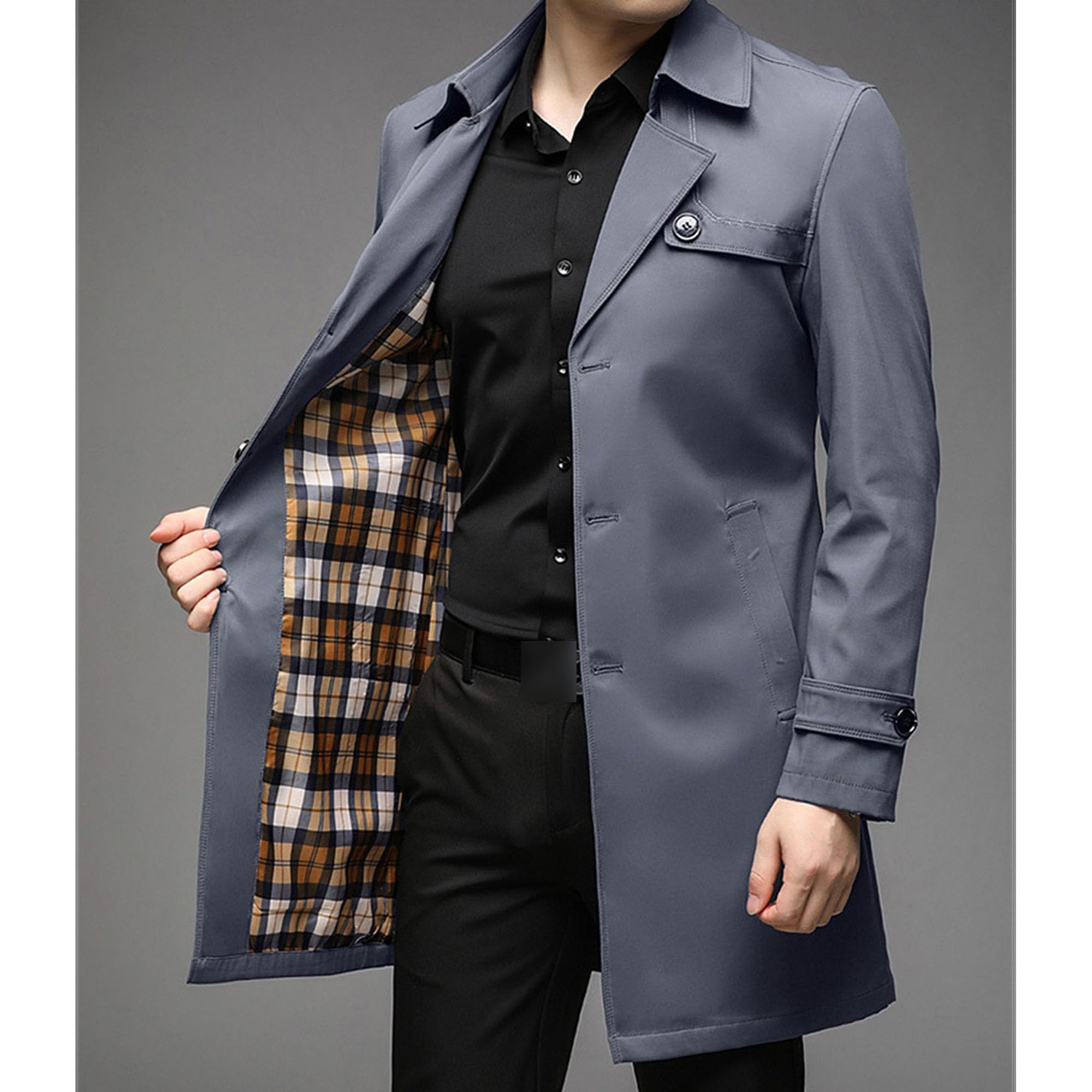 JEKE-DG Mens Single Breasted Trenchcoat Casual Lapel Lightweight Windproof Jacket Slim Fit Notch Lapel Windbreaker (Large,Haze Blue 2)