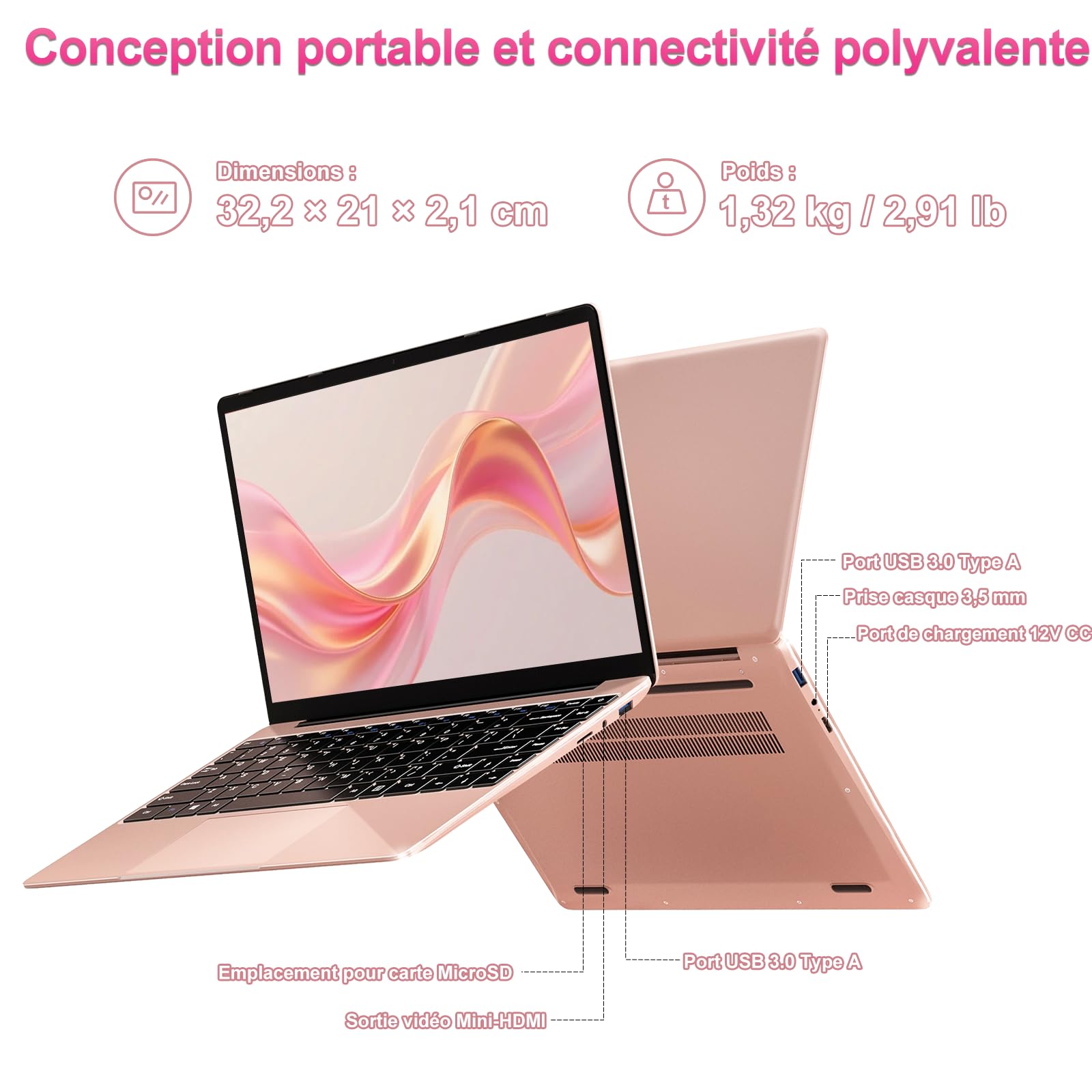 bvate Ordinateur Portable 14" 256 Go Win 11 N4020 Support Expansion 1 to SSD 1080P 2.4G+5G WiFi Mini HDMI & Souris sans Fil et Un Film de Clavier AZERTY pour Clavier - Or Rose