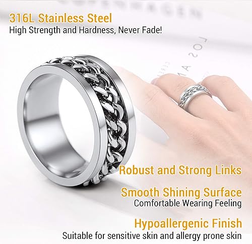 Miniatura 2 de PROSTEEL Anillo giratorio para hombre, anillos para ansiedad, cadena de eslabones cubanos giratoria de 0.315 in, anillo grueso, tamaño 6-14, grabado