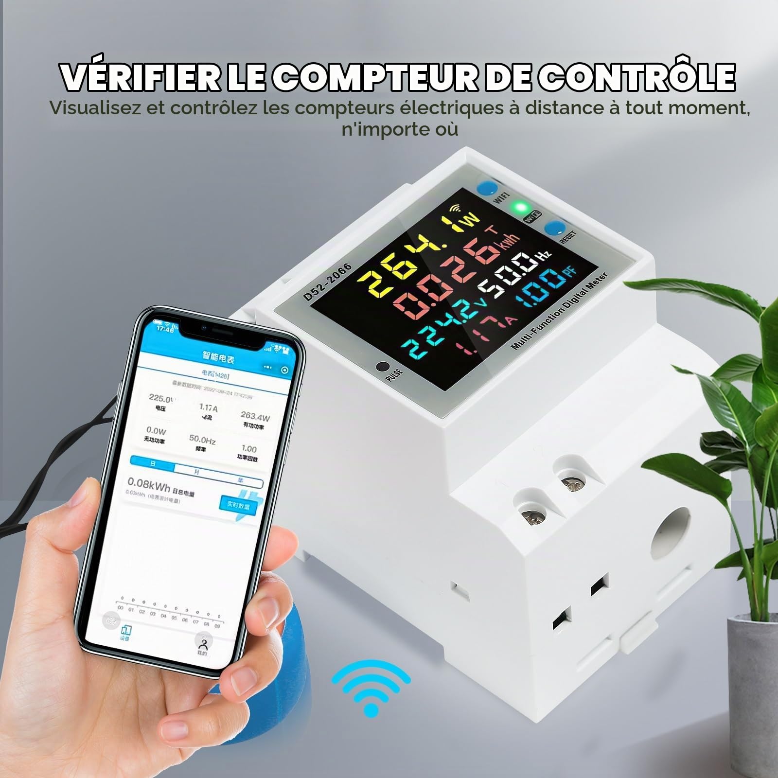 Jadeshay WiFi Compteur d'Énergie Monophasé, 6 en 1 Compteur Electrique Wattmetre Wifi LCD Voltmètre Ampèremètre Numérique pour Rail DIN Compteur KWh AC40-300V 100A(CT externe)