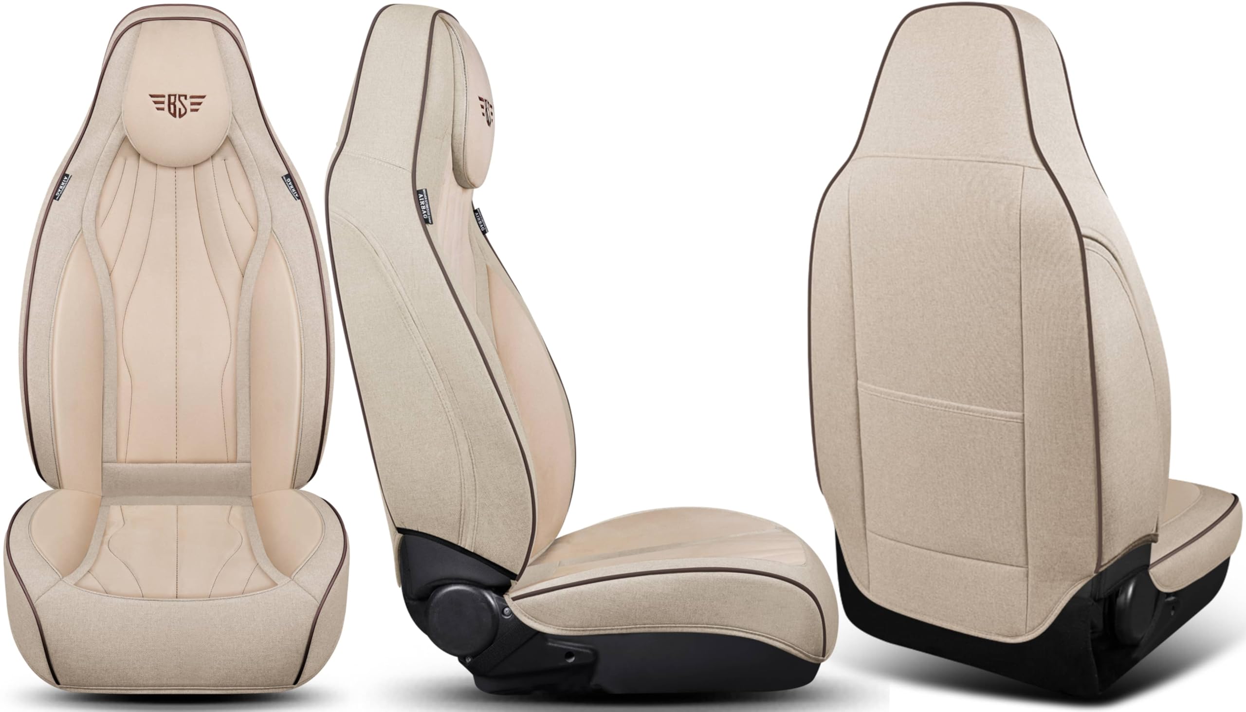 Autositzbezüge Universal für PKW, SUV – Premium Vordersitzbezüge Beige, hochwertig verarbeitet für mehr Sitzkomfort, Airbag-kompatibel, Schonbezüge für Fahrer & Beifahrersitz mit Rückentasche