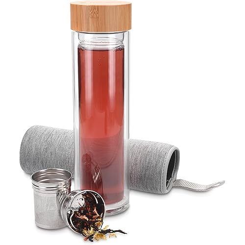 Navaris Glass Water Bottle with Tea Infuser - Double Walled Borosilicate Glass Travel Tumbler with Bamboo Lid and Non Slip Gray Neoprene Sleeve - 17oz