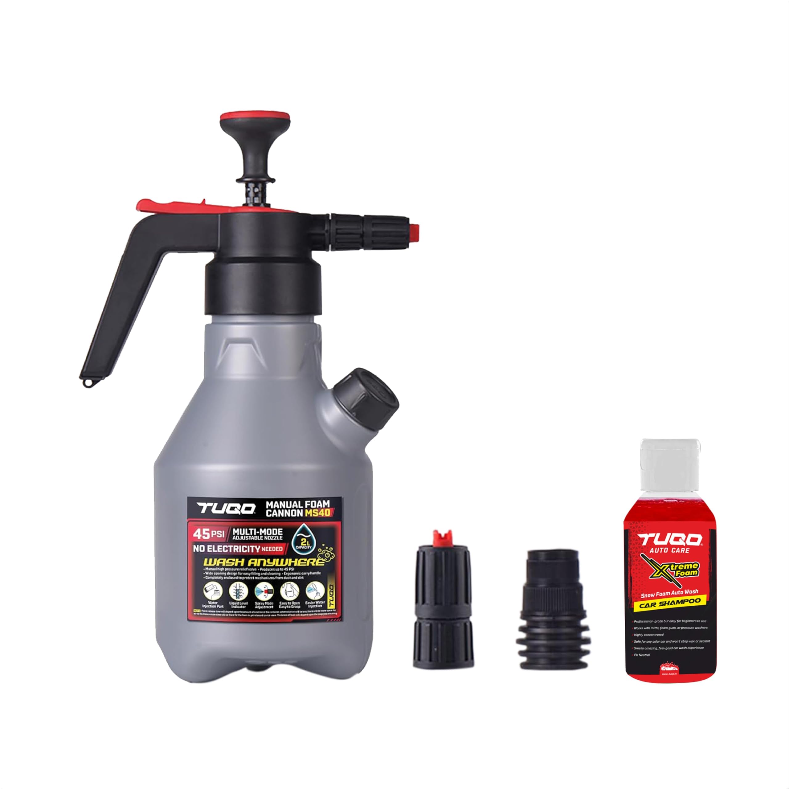 MS40 2L Portable Car Wash with Additional Cap |3 Nozzles | Hand Powered | No Electricity Required | Pro Series| Car & Bike, and Other Liquid Spray Application | Long Lasting Thick Foam Spray