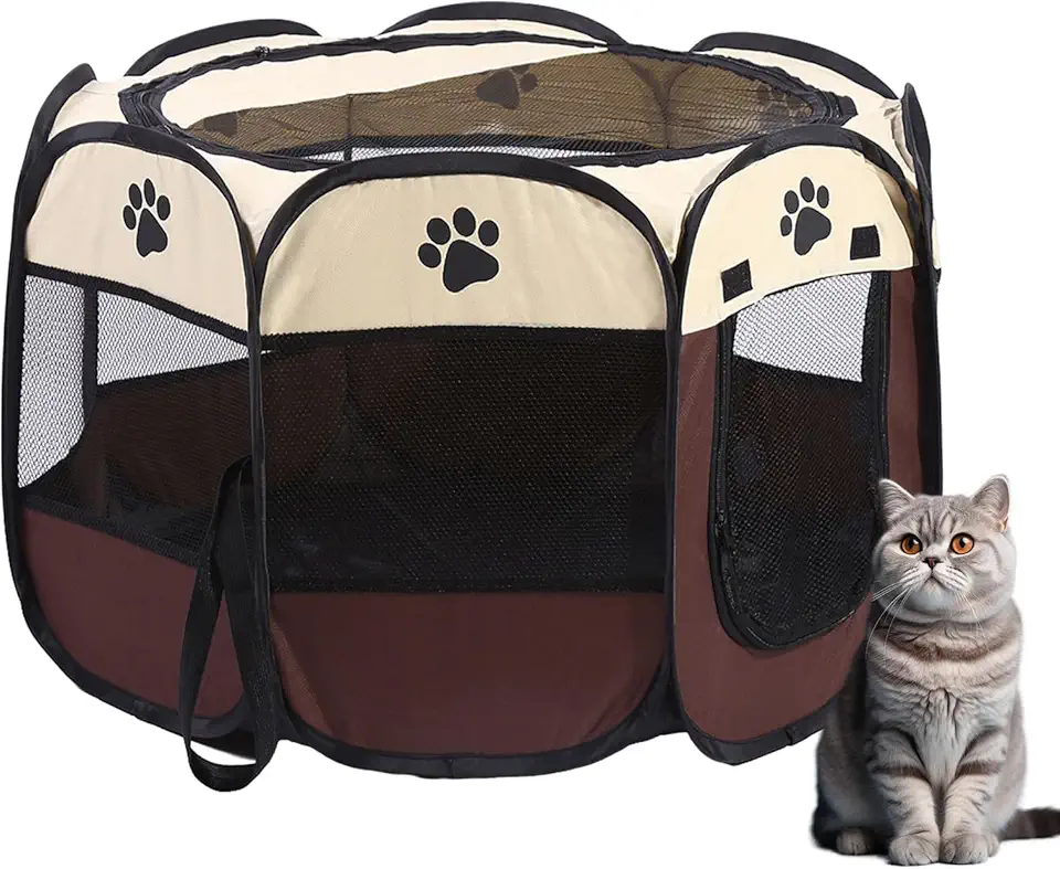 Cercadinho para Cachorros, Cercadinho Pet, Cercado Pet, Casinha para Cães e Gatos, Portátil e Dobrável, Tecido Impermeável Fácil de Montar e Transportar (Marrom)