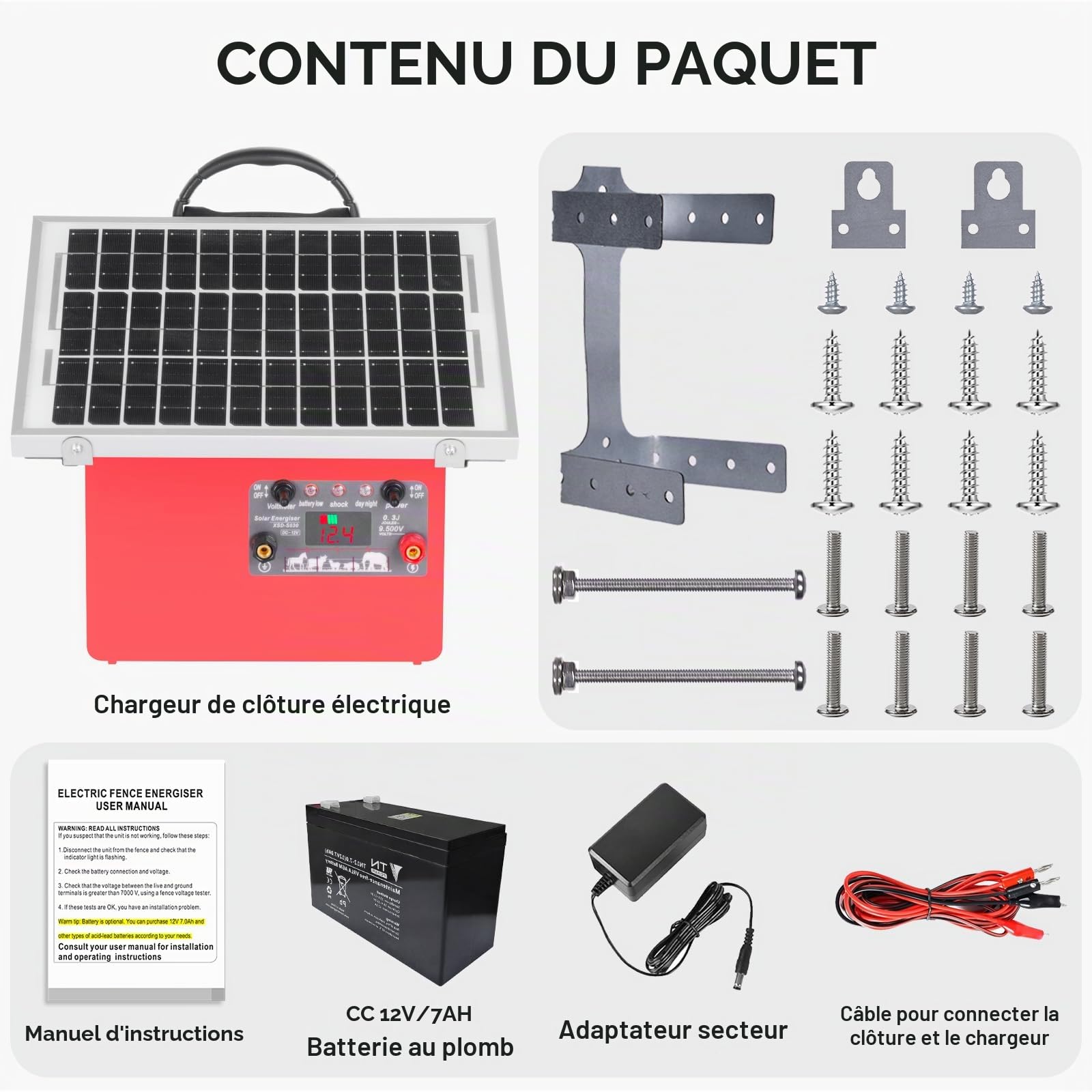 32KM cloture electrique solaire cloture electrique, 9,5 kV berger électrique Contrôleur pour chevaux, clôture électrique 0,5 J pour élevage d'animaux de berger, pour ferme, pâturage, jardin (Red)