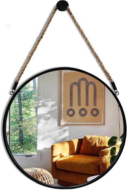 POZINO Miroir rond, 15" Miroir suspendu à corde, Miroirs du cercle de ferme, Miroir mural en métal noir pour salle de bains, Chambre, Salon, Entrée, Décor