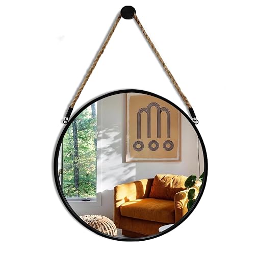 POZINO Round Hanging Mirror with Rope, 15" Circle Wall Mirror