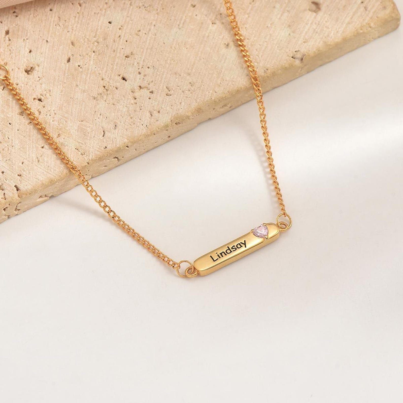 Nombre barra Pulsera de piedra de nacimiento 925 Pulsera de oro de plata con piedras preciosas Nombre grabado para mamá cumpleaños Día de la madre