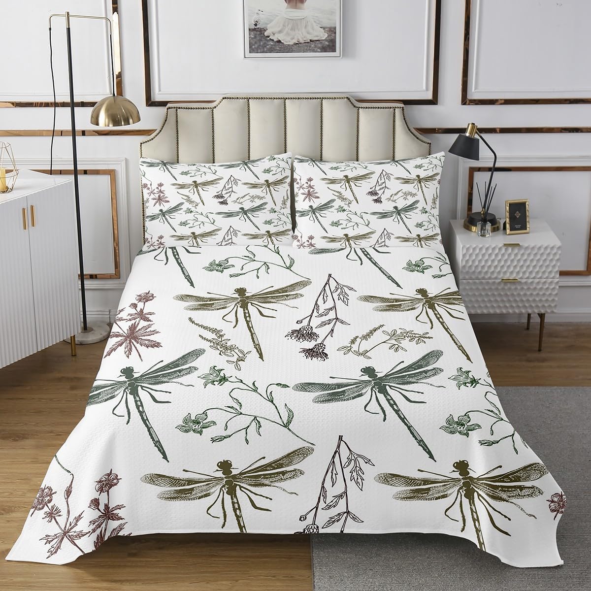 Dragonfly Gifts For Women, Dandelion Floral Quilt Set Queen, Dragonflies Flying Animals Bedspread Set For Lady Girls, Botanical Blossom Petal Coverlet Set, Colorful Dragonfly Wings Bed Set All Season