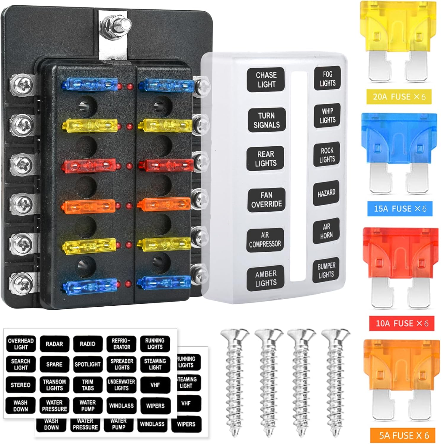 12 Way 12VFuse Block Blade, 12V Fuse Box with LED Indicator Moisture & Dust Cover - 12 Circuit Fuse Box Bracket for 12V/24V AutoTruck Marine RV Vehicle