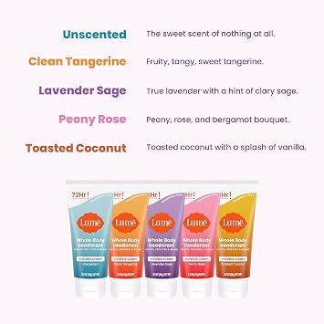 Lume Whole Body Deodorant 5 Pack Sampler - Invisible Cream Minis - 72 Hour Odor Control - Aluminum & Baking Soda Free (Clean Tangerine, Lavender Sage, Peony Rose, Toasted Coconut, Unscented)