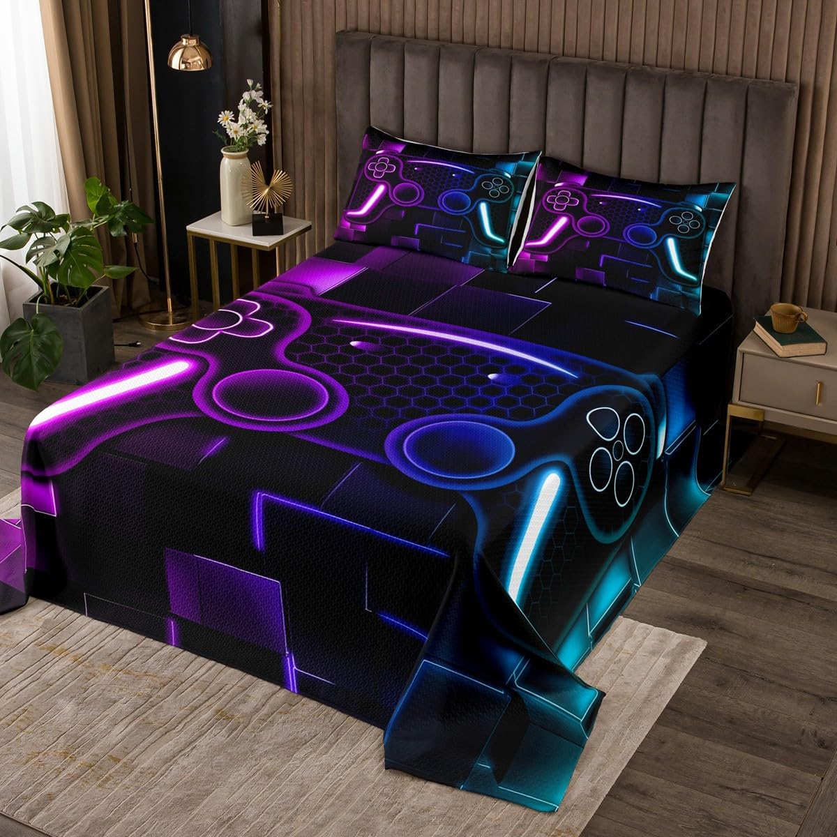 Erosebridal Gaming Quilt Set for Boys Teen Game Coverlet Set for Kids Gamer Bedspread Set for All Season Gamepad Home Decor for Bedding Set King Size,2 Pillowcases Purple Blue Hexagon