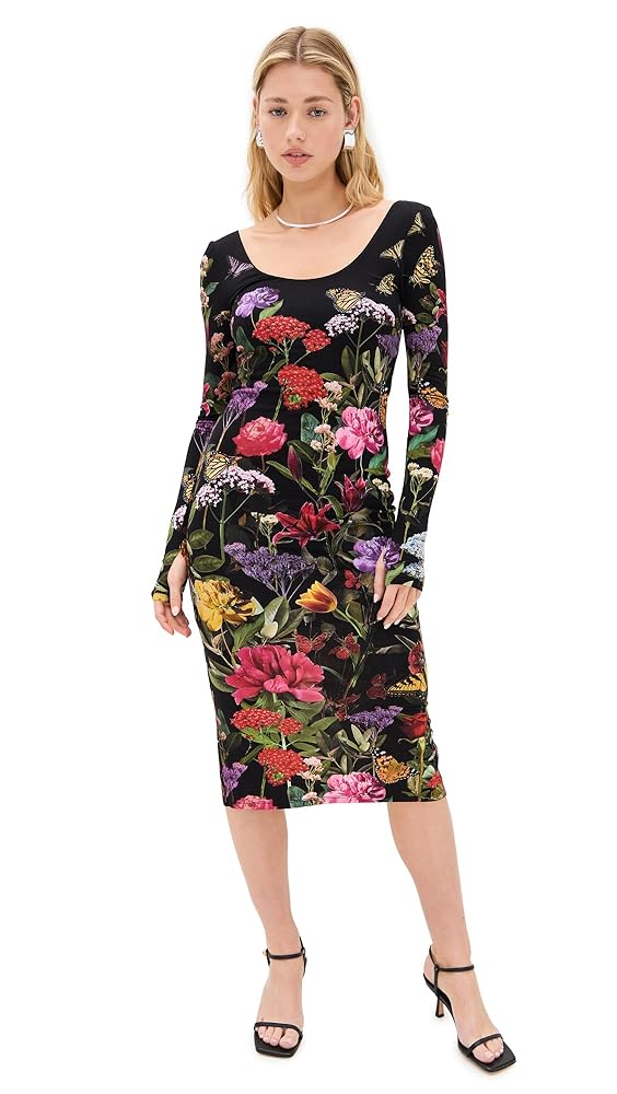 【Alice+Olivia】DELORA 七分袖 モックネック 膝下丈 ワンピース Alice+Olivia】DELORA 七分袖 モックネック 膝下丈 ワンピース