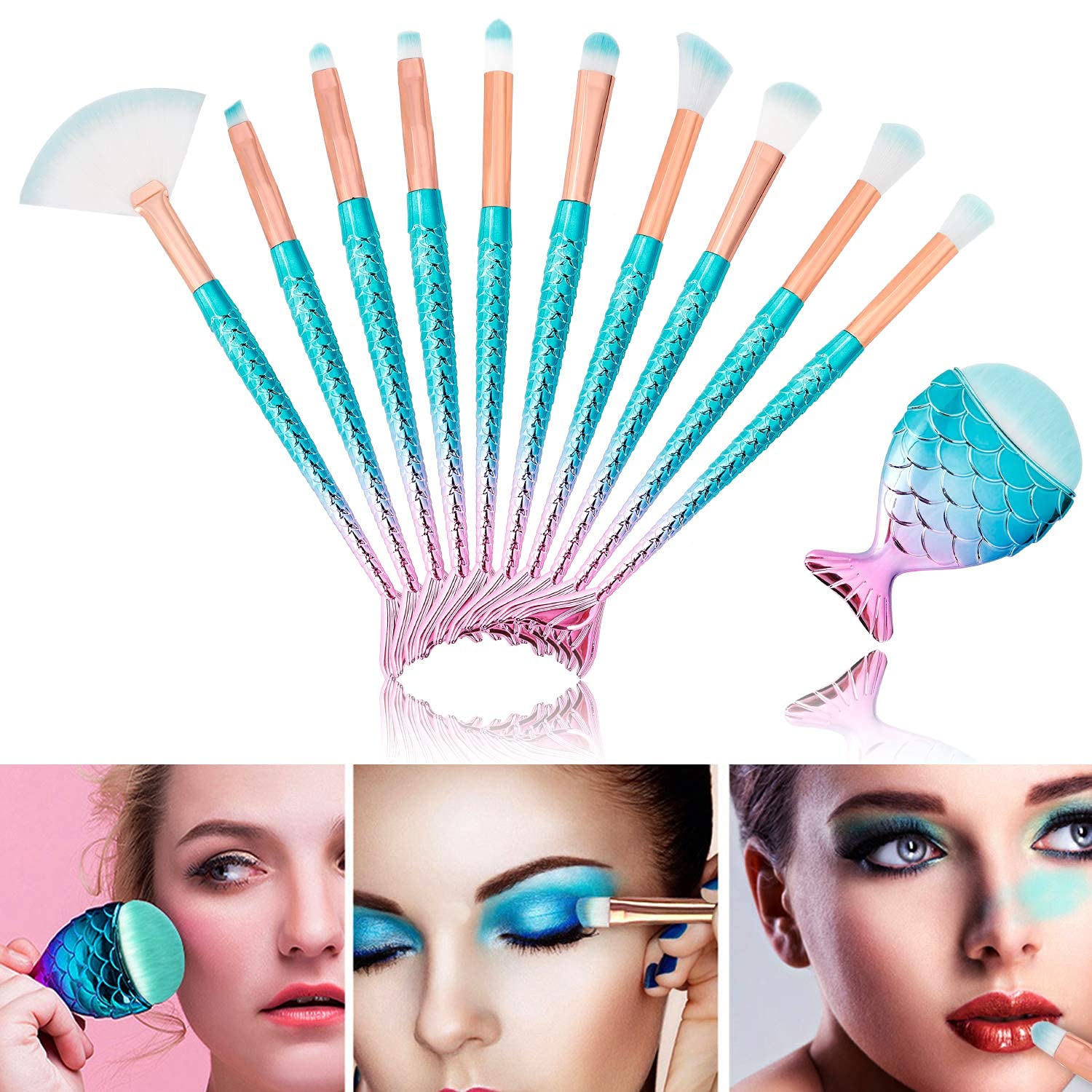 Pinceles de Maquillaje de Sirena,Profesional Brochas de Maquillaje 11 Piezas Forma de Cola de Sirena Cepillo de Maquillaje para Sombra de Ojos, Corrector, Delineador de Ojos