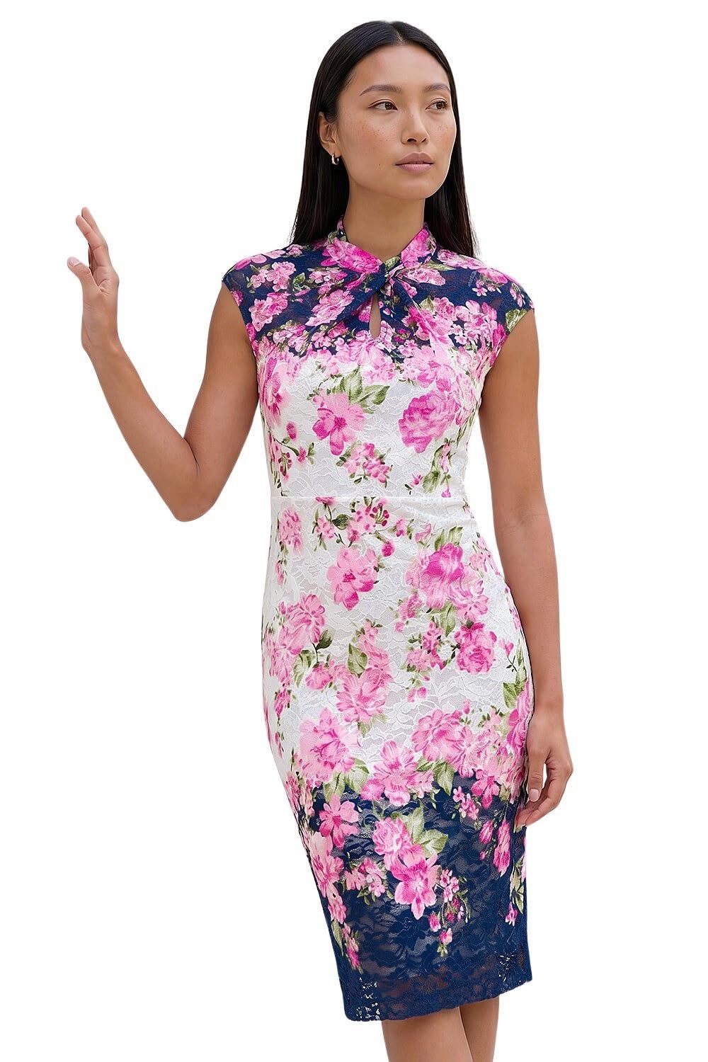 Roman Floral Lace Twist Neck Keyhole Dress for Women UK - Ladies Autumn Everyday Summer Holiday Midi Length Comfy Short Sleeve Soft Shift Frock Dinner Date Gowns - Pink - Size 16