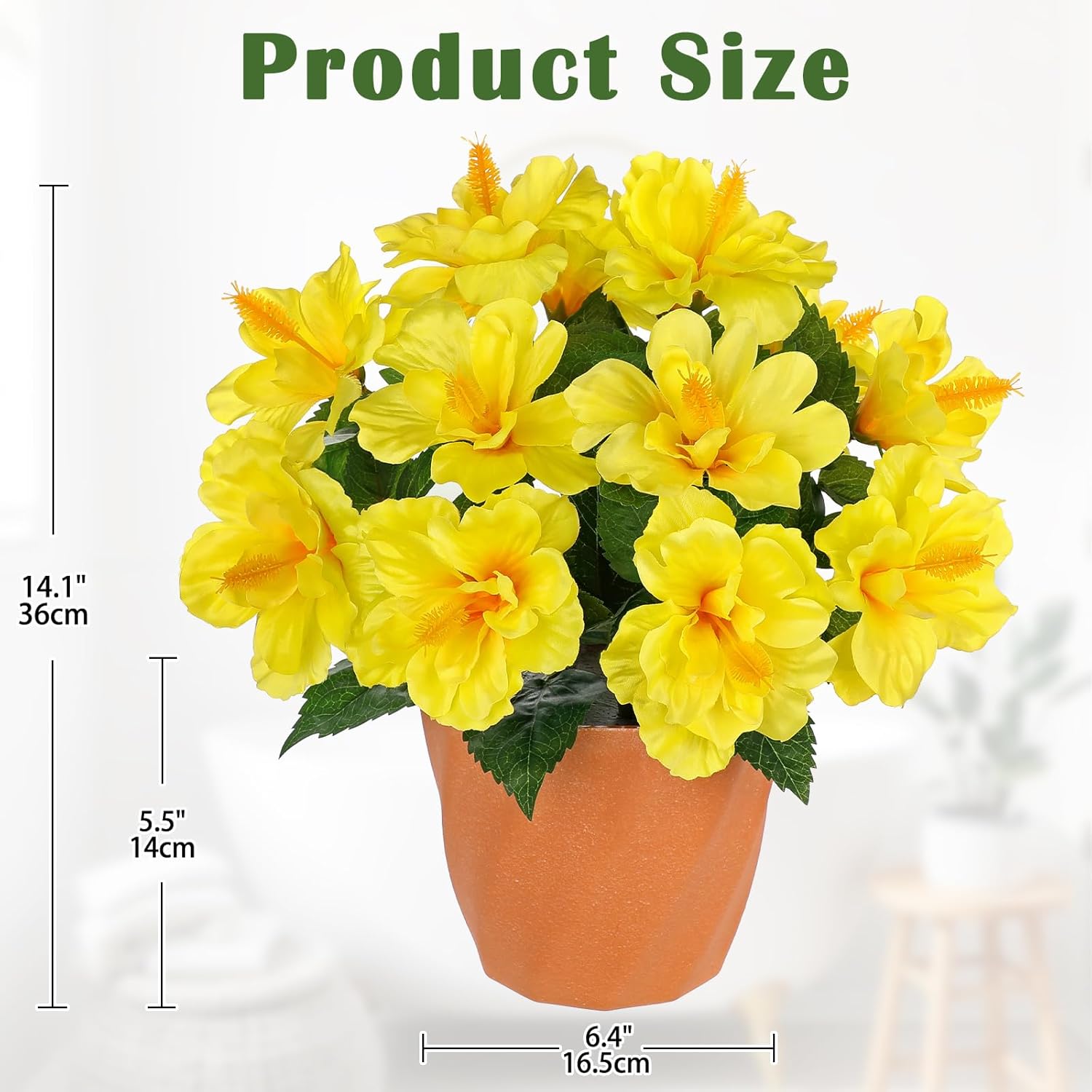 Briful Artificial Hibiscus Flowers in Pot, 14.1" Faux Tropical Flower Plant for Outdoor Porch, Potted Yellow Hibiscus Tabletop Decor for Living Room, Dining Table, Kitchen, Office, Indoor Home Décor
