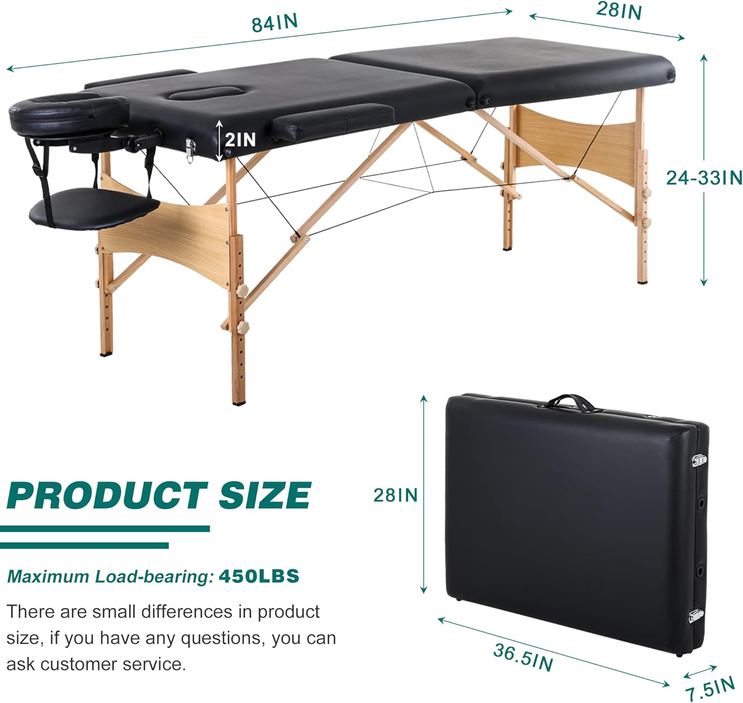 PayLessHere Massage Table Height Adjustable Portable Massage Bed 83 Inches Long 35 Inchs Wide 2 Folding Spa Bed with Face Cradle & Height Adjustable Headrest