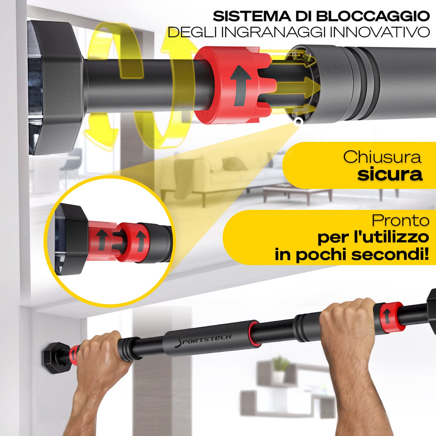 Barra di trazione con innovativa funzione di bloccaggio | sicura & veloce senza viti nel telaio della porta | fino a 200 kg | Indoor Pull Up Bar regolabile fino a 90 cm | SPORTSTECH KS260 / KS270 incl. eBook