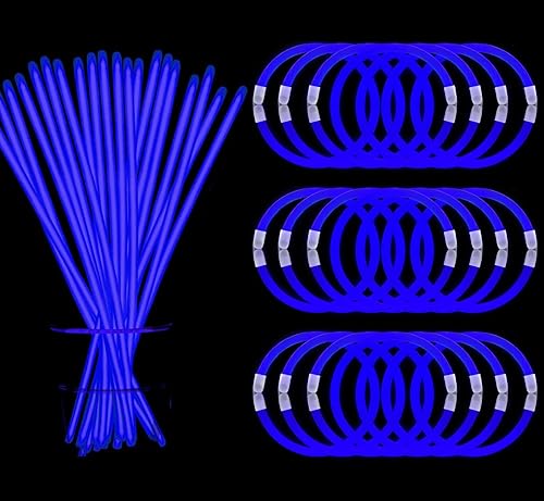 300 pulseras y collares azules que brillan en la oscuridad a granel con conectores de 8 pulgadas, barras luminosas de neón para Halloween, Navidad,