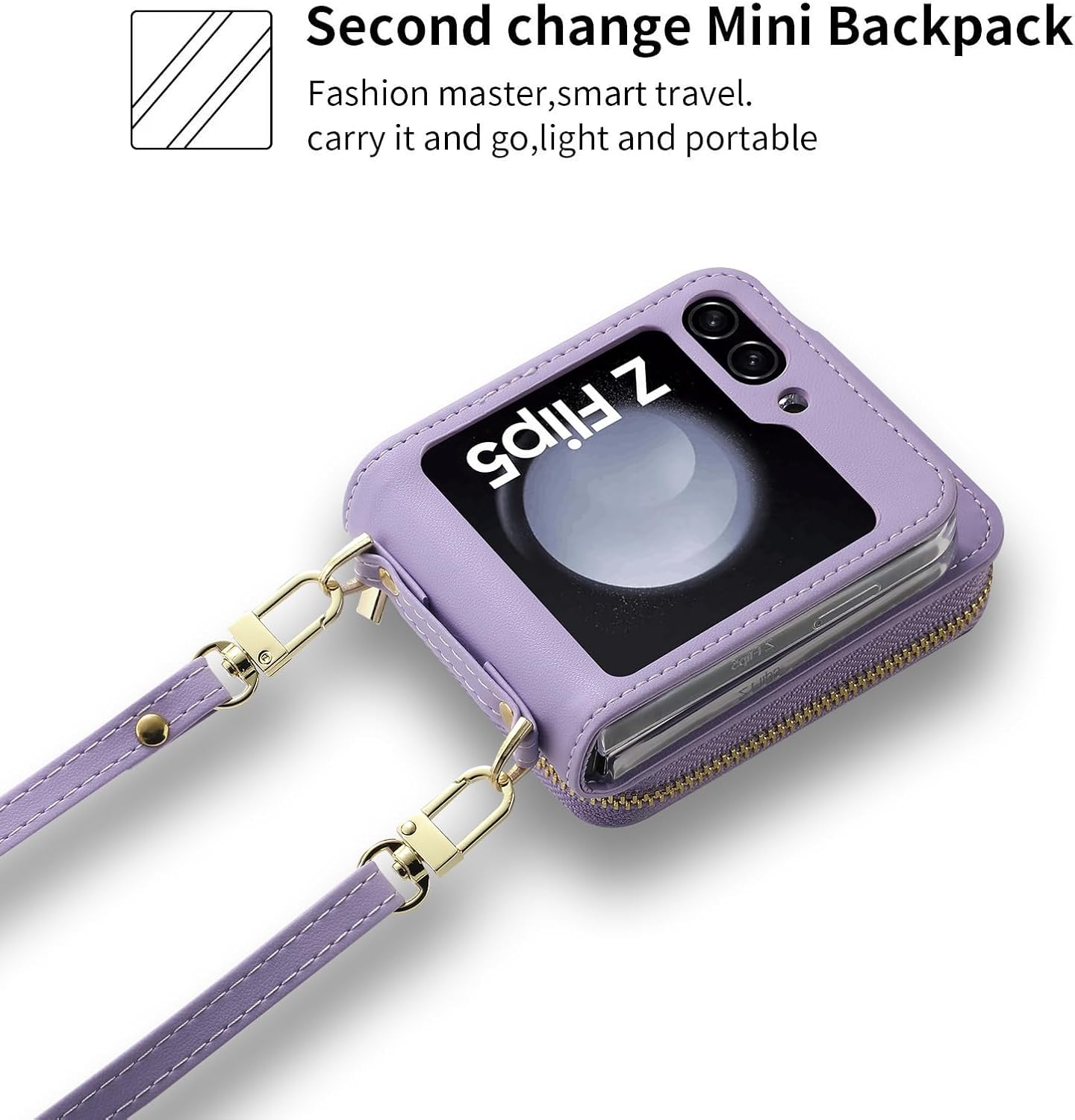 Women Wallet Purse for Samsung Galaxy Z Flip 5 5G Case Crossbody with Credit Card Holder Strap Lanyard Flip5 Leather Zipper (Purple,Z Flip 5)