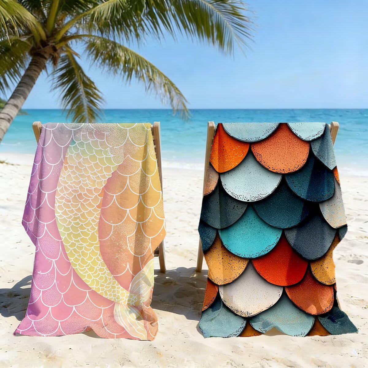 Ręcznik plażowy XXL, 80 x 160 cm, zestaw 2 sztuk, bez piasku, ręcznik plażowy, szybkoschnący, sportowy ręcznik do studia fitness, ręcznik do sauny, duży ręcznik plażowy na plażę (syrena) -4096