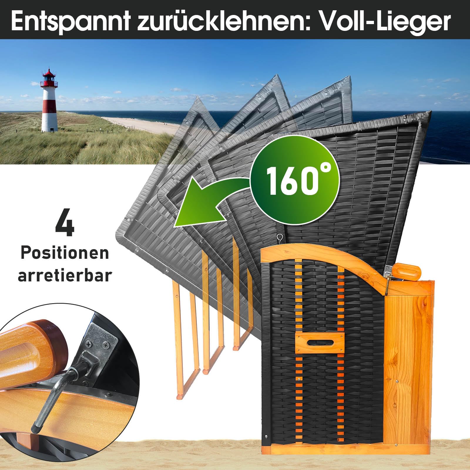 BRAST® Strandkorb Ostsee 3-Sitzer XL für 2-3 Personen | 155cm breit | 2 Designs | Tragkraft bis zu 500kg | verstellbare Rückenlehne | Blau/Weiß gestreift
