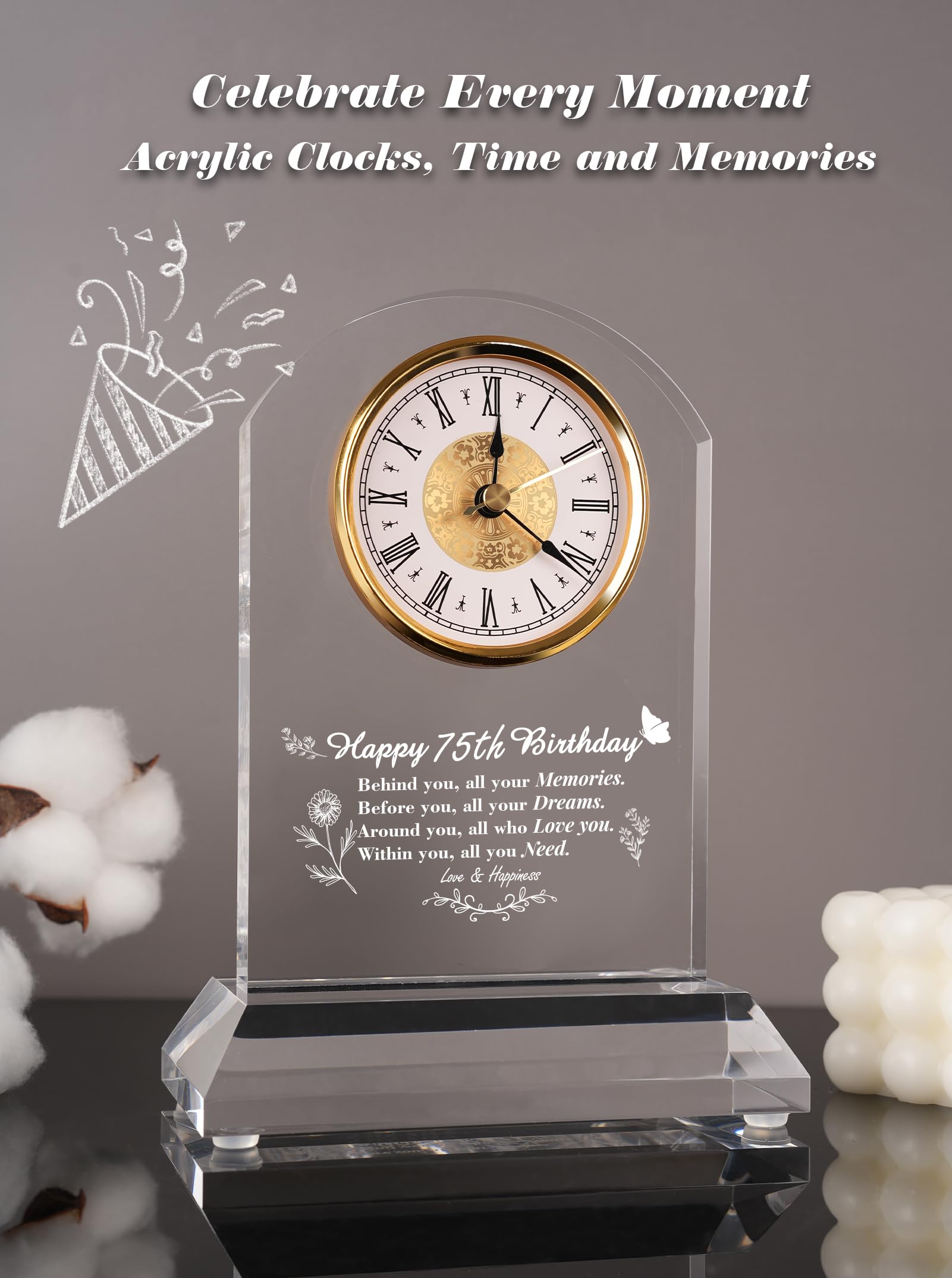 DEEWISH Reloj de escritorio de cuarzo para regalo de 75 cumpleaños, elegante decoración para el hogar, para padres, abuelos, amigos, mamá, papá, decoración de cumpleaños de 75 años para mujeres y