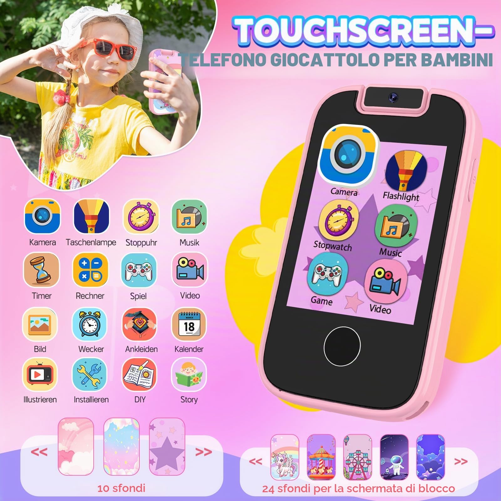 Dhapy Smartphone per Bambini, Telefono Touch Screen per Bambini, Lettore Musicale MP3, Giocattolo Educativo con Scheda SD 8G, Rosa