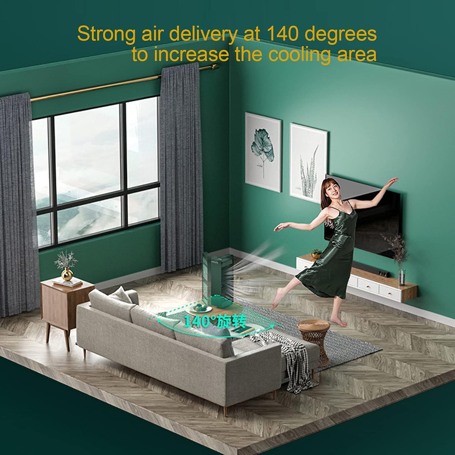 Double Blade Rotating Fan 3 Gears Adjustable Wide Angle Air Supply 40% Distribution Distance Desktop Electric Fan USB Charging Quiet Run 4800mah for Office Home Dormitory (Green)