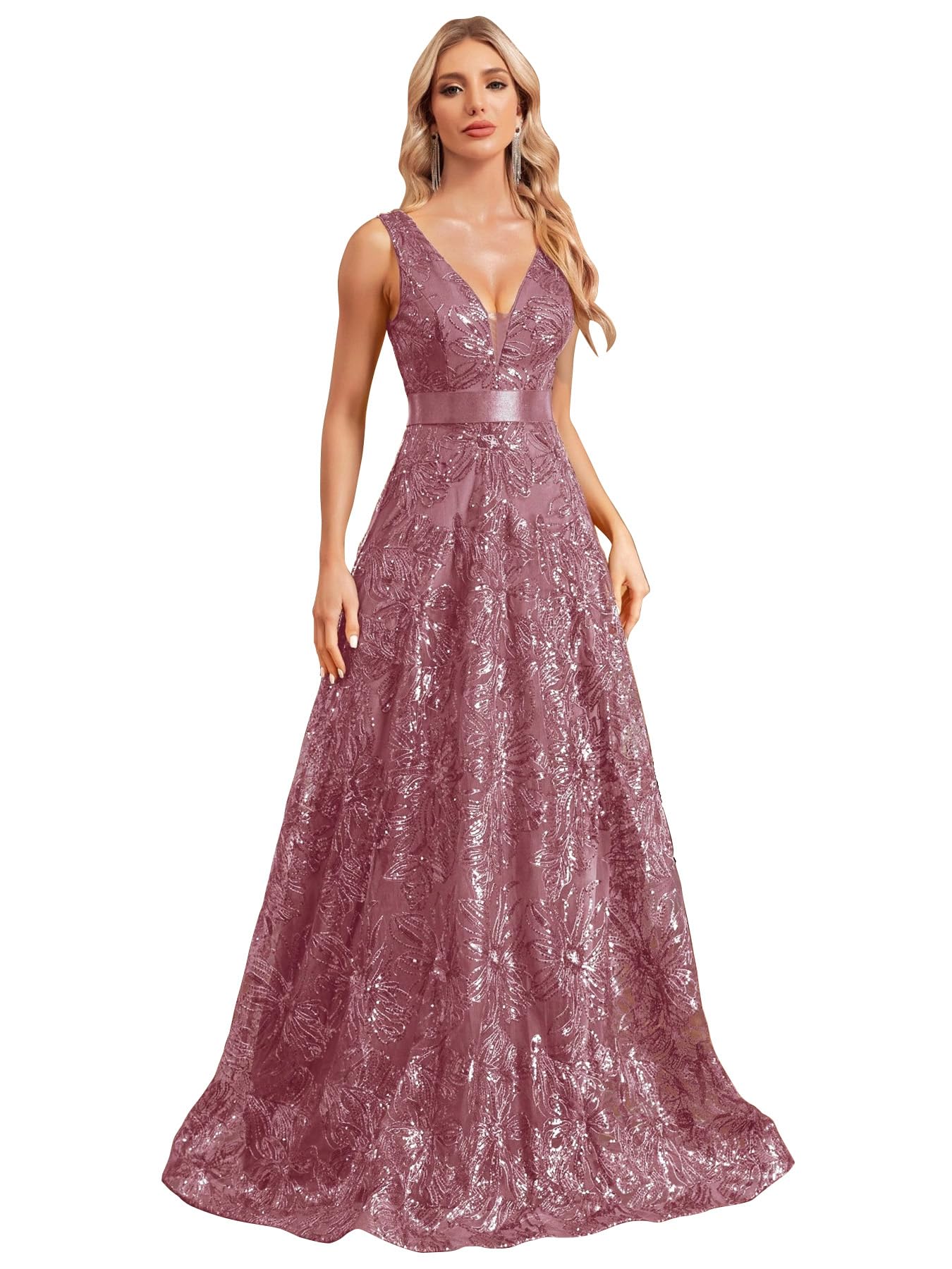 Photo 1 of Sleeveless Glitter Sequined Womens Long Formal Gown Aline Prom Dress for Anchorwoman Floor Length Evening Dress Dusty Rose XL