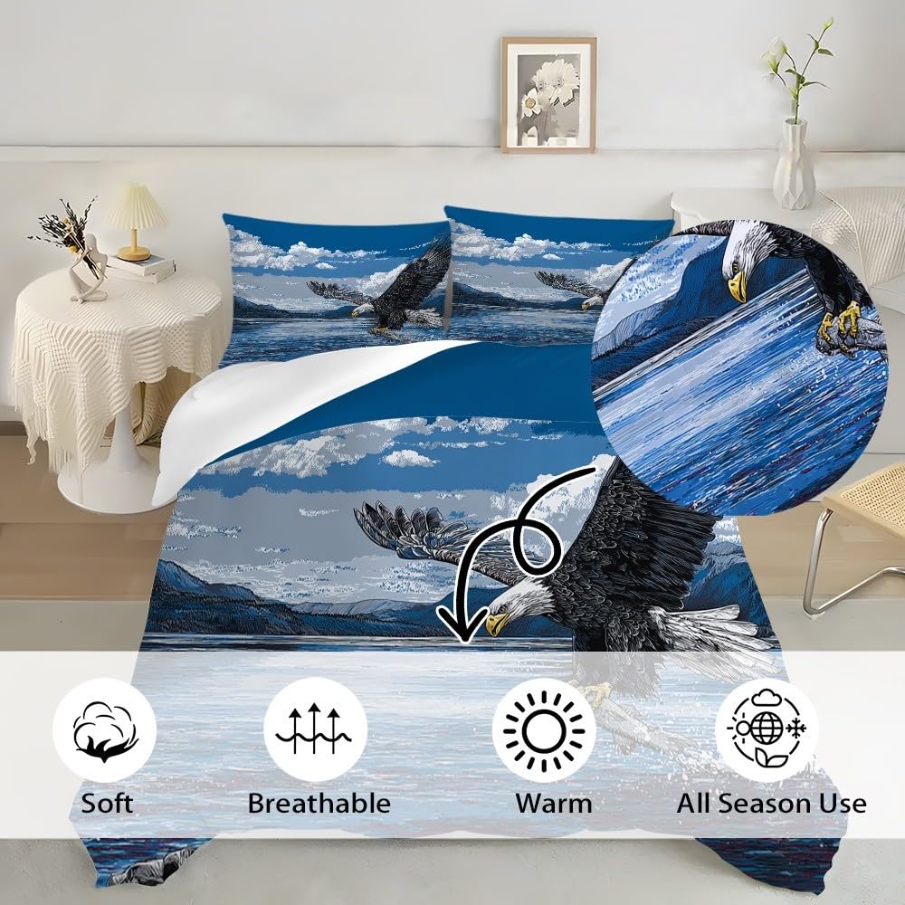 Zwierzę biały orzeł morski, malarstwo, nadruk 3D, dla dorosłych i dzieci, 3-częściowy komplet pościeli 180 x 200 cm, niebieska pościel, miękka i nie wymaga prasowania, z mikrofibry, poszewka na
