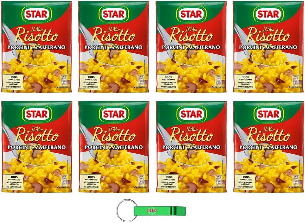 8 x Star Il Mio Risotto Funghi Porcini e Zafferano - Arroz cremoso con setas porcini y azafrán, 100% italiano, 175 g + llavero Beni Culinari