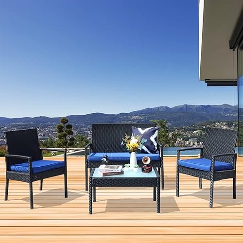 4 Pieces Patio Furniture Set, Wicker Patio Furniture Sets, PE Rattan Outdoor Furniture, Outdoor Conversation Sets, Deck Furniture Sets, All-Weather Patio Furniture