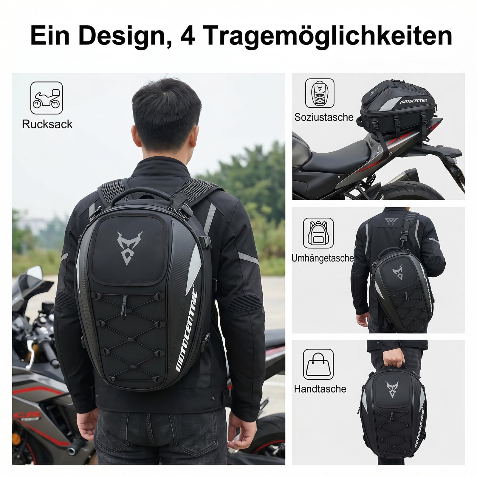 MOTOCENTRIC Motorrad Hecktasche Erweiterbar 25L-38L, Motorradrucksack mit Regenhaube, Wasserdichte Soziustasche Carbon-Optik für Touren & Alltag