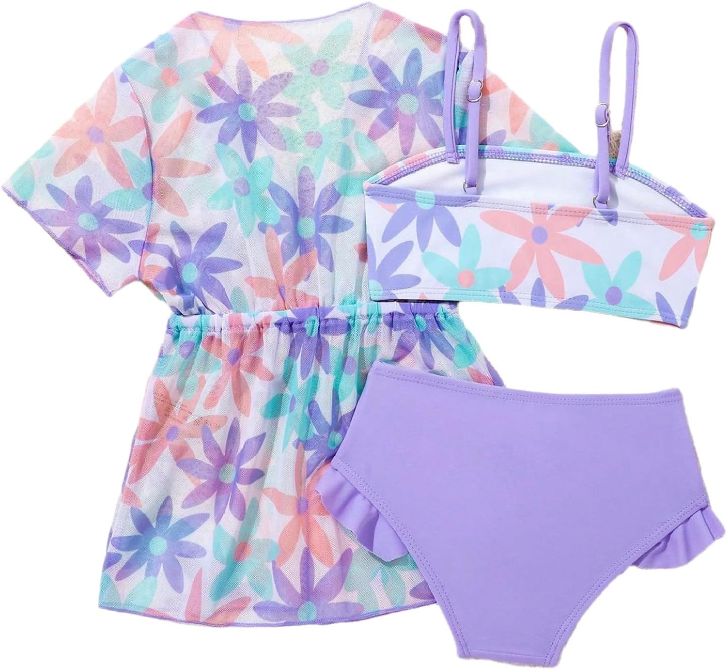 Little Girls 3 Piece Swimsuit Bikini Cover Up Set Bathing Suit with Short Sleeve Swim Dress