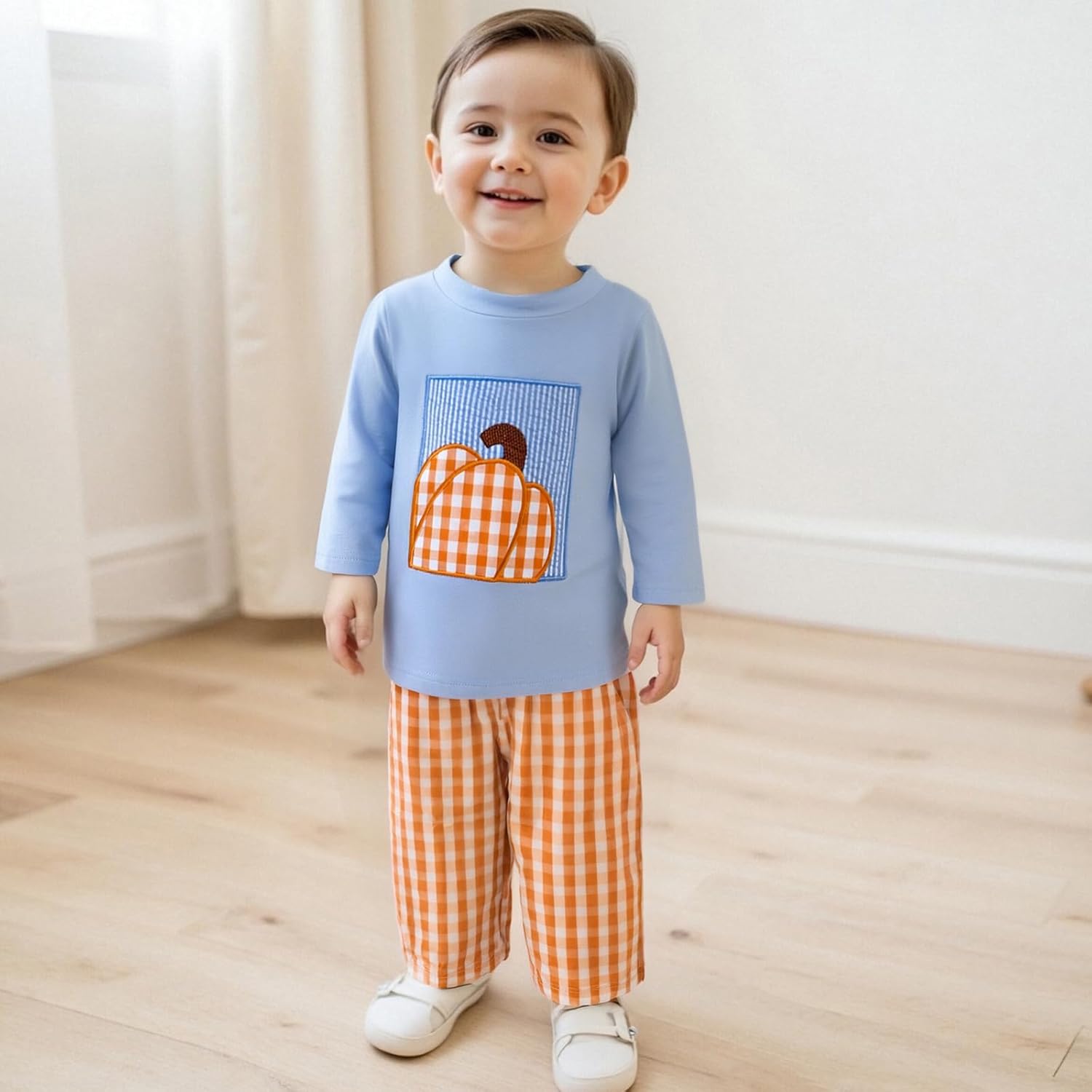 BemeyourBBs Toddler Baby Boy Fall Clothes Embroidery Shirt Top Elastic Waist Plaid Pants Set Trendy 2 Piece Outfit - Image 3