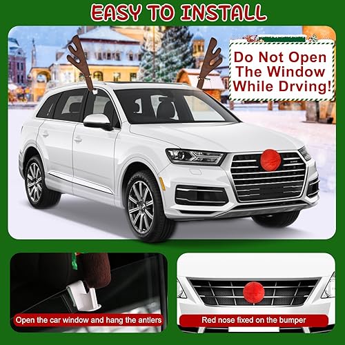 Miniatura 4 de Paquete de 2 cuernos de automóvil para Navidad con nariz, kit de cuernos de reno para automóvil, ventana de reno, techo y rejilla delantera,